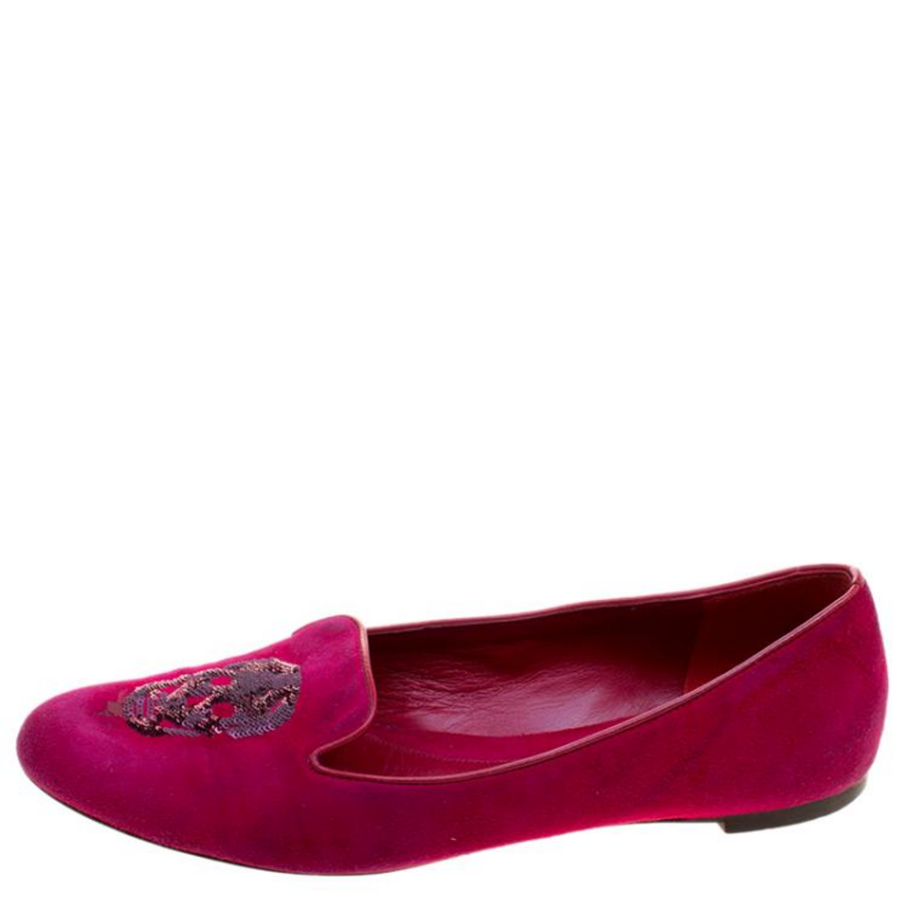 Alexander McQueen Pink Suede Sequin Skull Smoking Slipper Flats